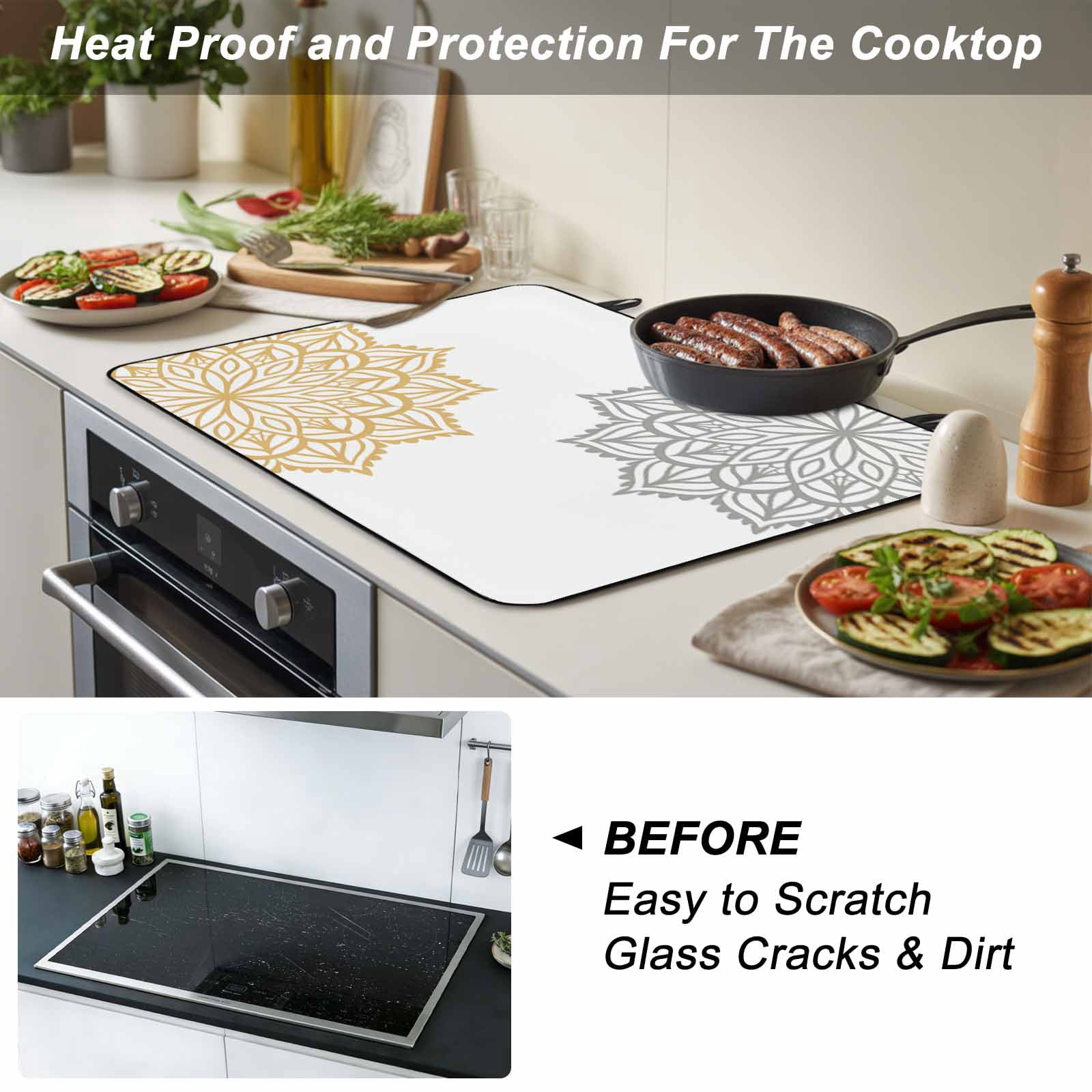 Boho Gray Beige Floral Stove Top Cover for Electric Stove, Heat-proof & Non Slip Glass Top Stove Cover Protector, Retro Abstract Art Flowers Kitchen Flat Cooktop Rubber Mat 24x21 Inches