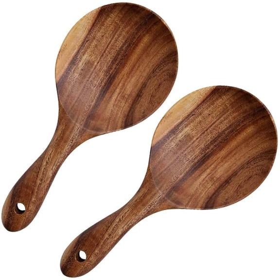 CATPAN 2 Pack Rice Paddle Spoon Natural Wood Non-stick Rice Scooper with Round Shallow Head Food Service Spoon Kitchen Utensils for Rice Potato Salads Desserts, 7 Inch