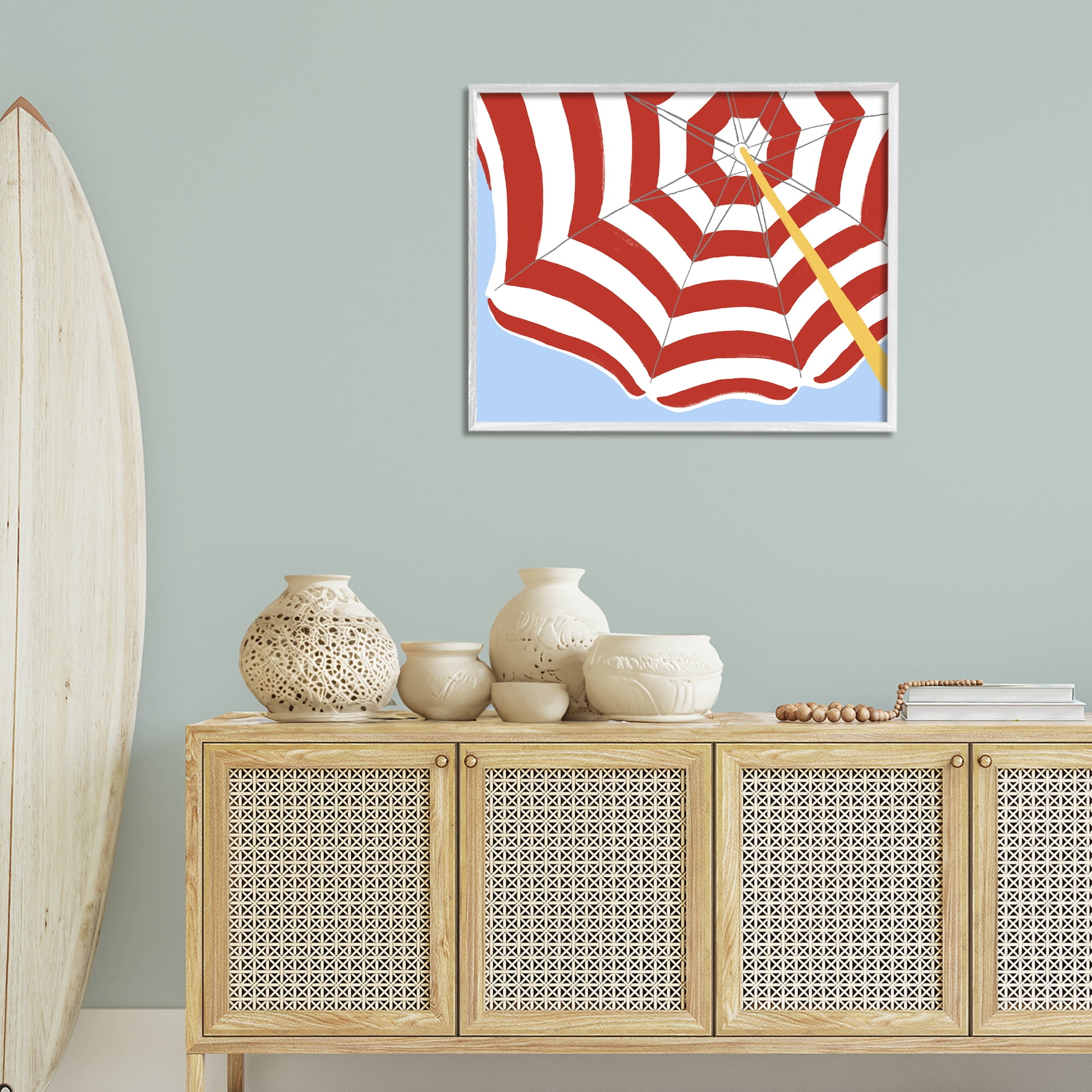 Stupell Industries Red & White Umbrella Coastal Painting White Framed Art Print Wall Art, 30 x 24