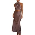 thumbnail image 1 of Conjunto de vestido largo de dos piezas de satén para mujer - Top sin mangas con cuello alto y falda con abertura lateral, ropa formal y casual para fiestas, 1 of 7