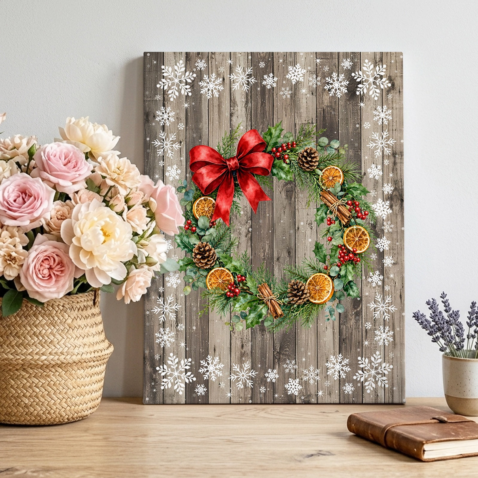 Christmas Pine Wreath Canvas Wall Art Country Red Satin Bow Wooden Plank Pictures Wall Decor Wooden Framed Artwork Art Prints for Living Room Hallway Bedroom Office 12 x18