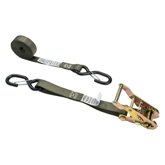 1" x 8' Olive Ratchet Strap w/ Vinyl Coated S-Hooks and Keepers