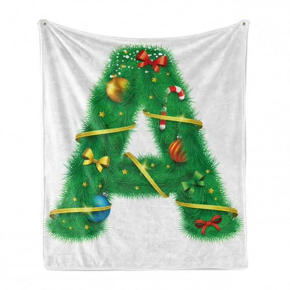 Christmas Alphabet Soft Flannel Fleece Blanket, Holiday Theme A Letter Motif Typography Pattern on Plain Backdrop, Cozy Plush for Indoor and Outdoor Use, 60" x 80", White and Green, by Ambesonne