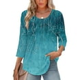 thumbnail image 2 of BangWanChi Women's New 3/4 Sleeve Round Neck Cover Casual Pleated Tunic Top Curved Hem Printed Fashion Tops, 2 of 6