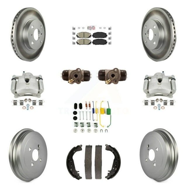 Transit Auto Front Rear Disc Brake Caliper Coated Rotors Drums Ceramic Pads Shoes Wheel Cylinders and Hardware Kit (11Pc) for Car Toyota Yaris KCG-101436N