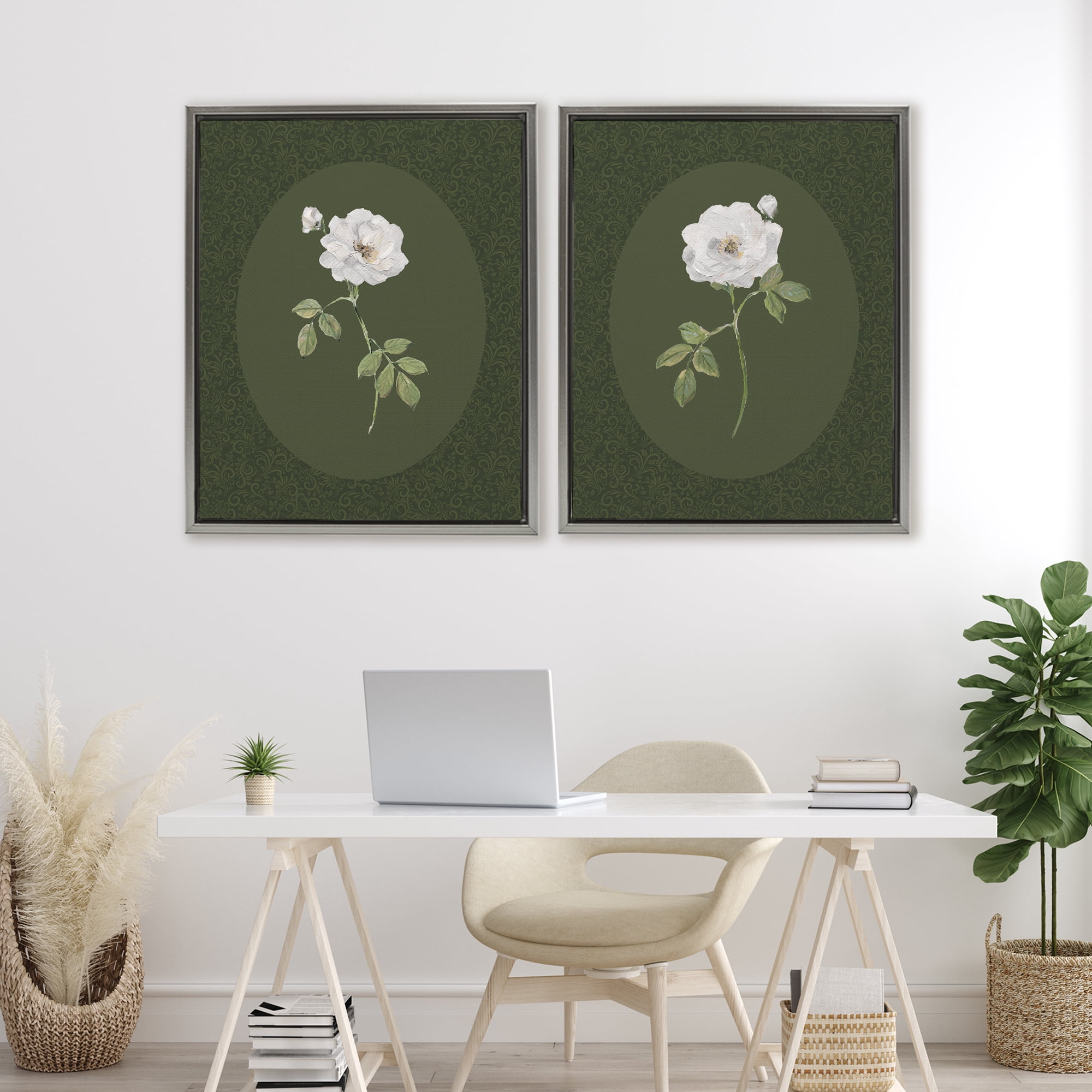 Stupell Industries Ornate Rose Studies over Emerald 2 Piece Gray Framed Floater Canvas Set, design by Sally Swatland