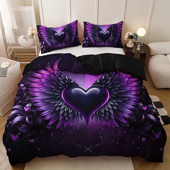 3PCS Cool And Dazzling Purple Wing Heart Bedding Set, Four Sizes(1 Duvet Cover 2 Pillowcases, Without Fillers)