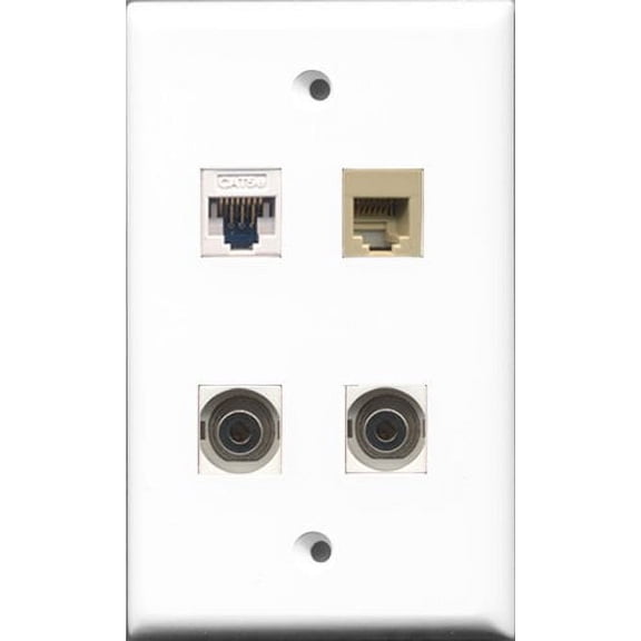 RiteAV 1 Port Phone RJ11 RJ12 Beige 2 Port 3.5mm and 1 Port Cat5e Ethernet White Wall Plate