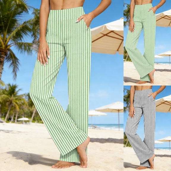 Women's Loose High-Waist Linen Pants Wide Leg Fashion Striped Casual Long Pants with Pockets, Cotton Blend Trousers for Work Travel, Summer Flowy Beach Pants, Trendy | TruBelle,Green L