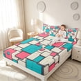 thumbnail image 3 of Manfei Abstract Checkered Bed Sheets, Modern Plaid Fuul Size Sheets, Pink Cyan, Reversible 4-Piece1 Flat Sheet + 1 Fitted Sheet + 2 Pillowcases, 3 of 6