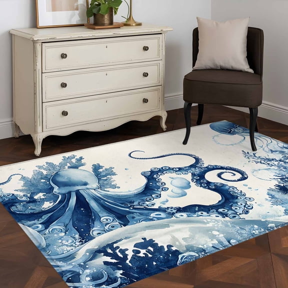 3'x5' Area Rugs, Blue Jellyfish Coastal Indoor Outdoor Area Rug for Living Room Bedroom, Nautical Octopus Summer Ocean Washable Bathroom Rugs Kitchen Floor Carpet Mats Home Decor Aesthetic