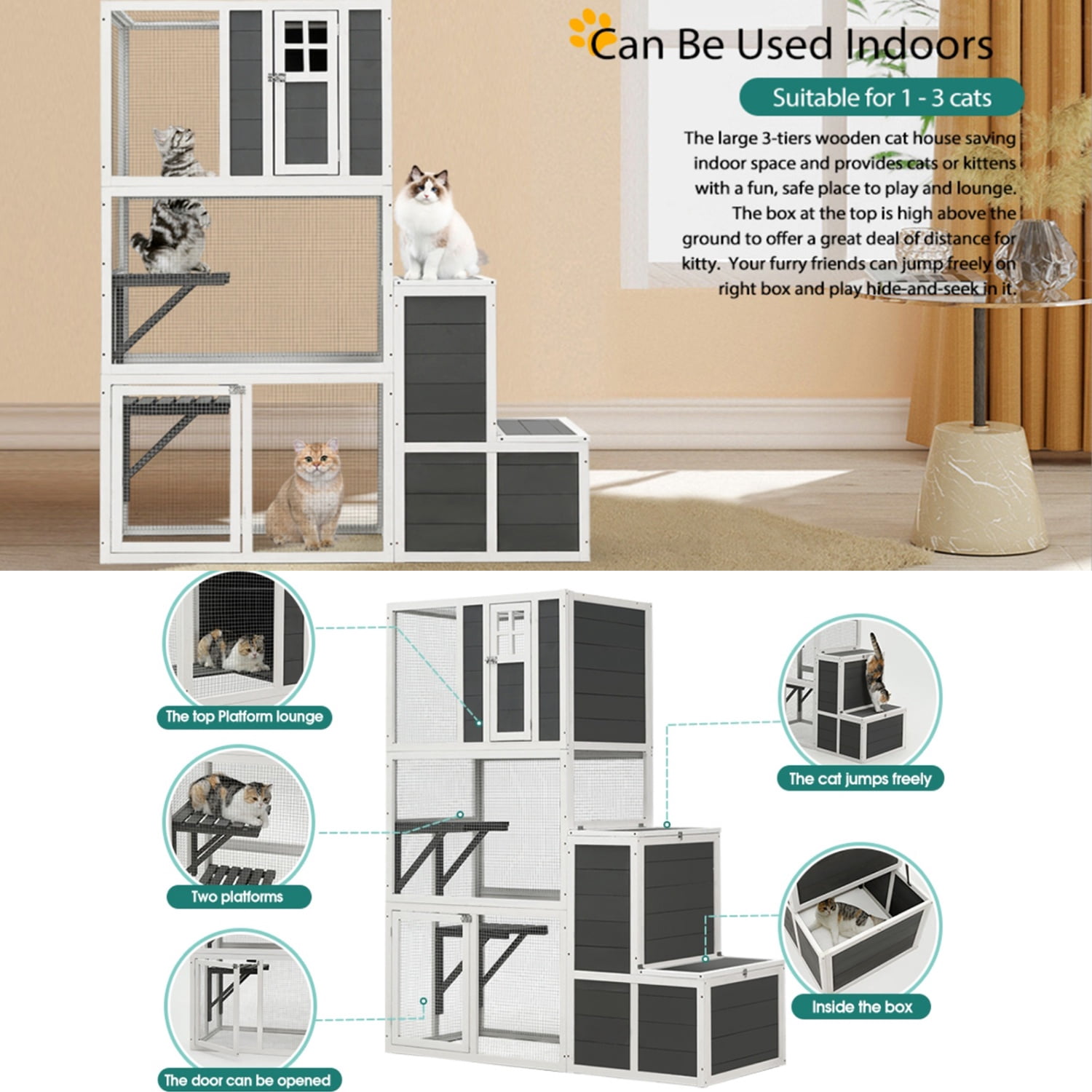 Outdoor Catio Enclosure for Cats Clearance, 3-Tier Wooden Catio Enclosure for 3 Cats, Winter Cat Cage for Indoor with Resting Box, Platforms, Jump Box, 71"H, Gray