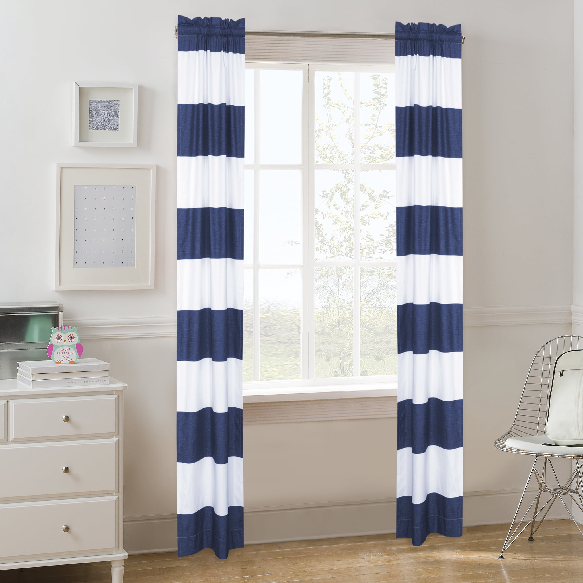 Your Zone Cabana Stripe Room-Darkening Curtain Panel Pair, Set of 2, Navy Blue, 30 in W x 84 in L