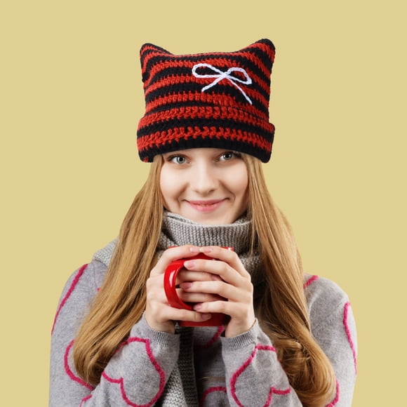 Accessoires d'Hiver Chapeaux pour Femmes Doux Amples Oreilles de Chat Bonnet Tricoté Crochet Tressé Chaud Couvre-Oreilles