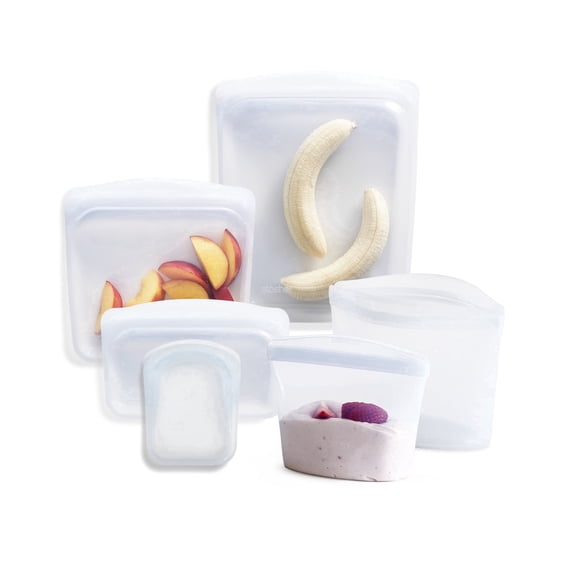 Stasher Premium Food-Grade Silicone Reusable Food Storage Container, Leak Free Pinch Loc Seal, Clear, 6 Pack Bags