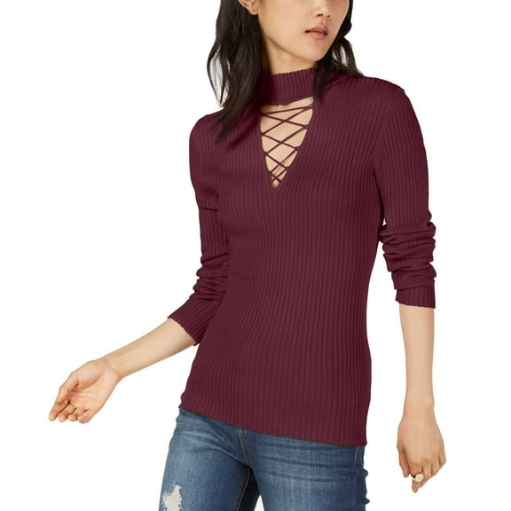 Planet Gold Juniors’ Ribbed Choker-Neck Top (Claret Red)