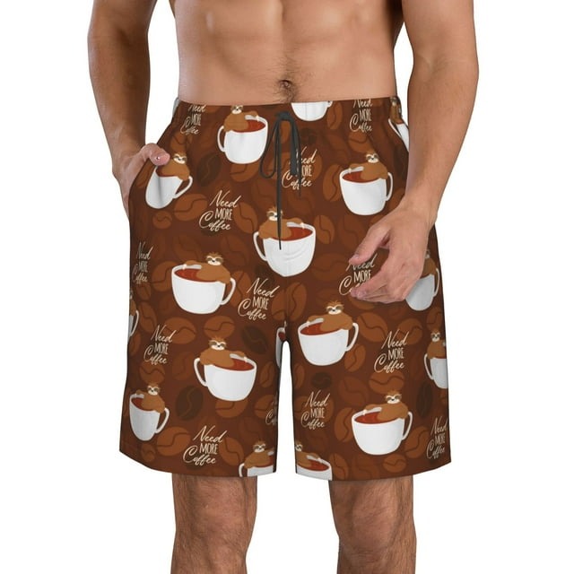 Goofa Cute Sloths Bear Relaxing In Coffee Cup Printed Mens Swim Trunks Summer Quick Dry Short Beach Swimwear Bathing Suits-X-Large