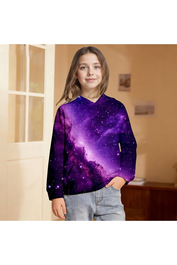 Girls 3D Solar System Graphic Hoodies Long Sleeve Sweatshirt Kangaroo Pocket Vintage Heavyweight Casual Winter Pullover Top