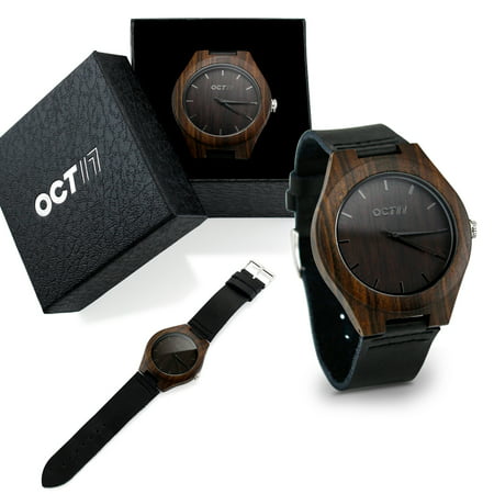 Oct17 Luxury Men's Walnut Wood Fashion Bamboo Wooden Watch Quartz Genuine Leather Japanese Quartz Movement Casual Wristwatches - Dark