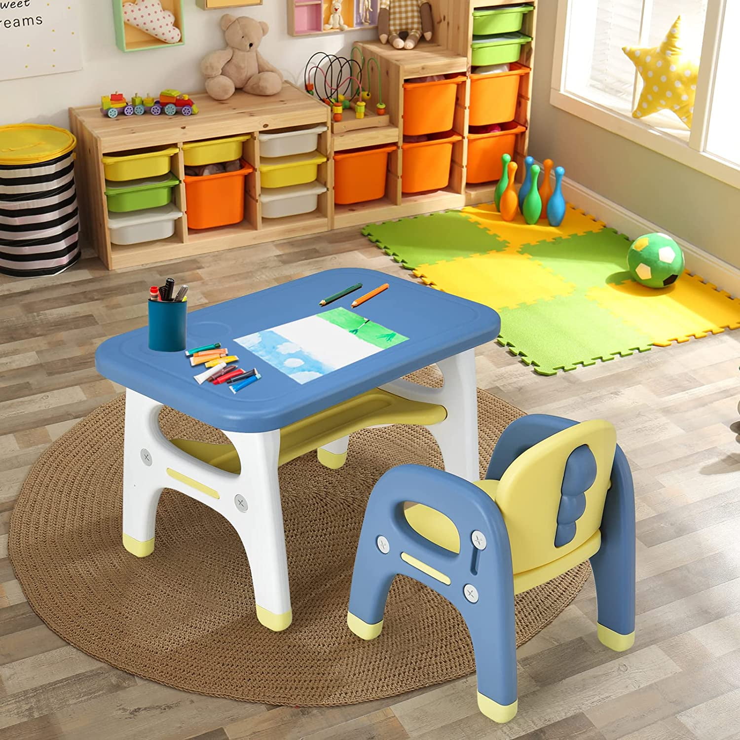 Kids Table and Chair Set, Dinosaur Shape Children Activity Table and 1 Chair for Art Craft, Building Blocks, 2-Piece Toddler Furniture Set for Daycare Playroom, Gift for Boys Girls