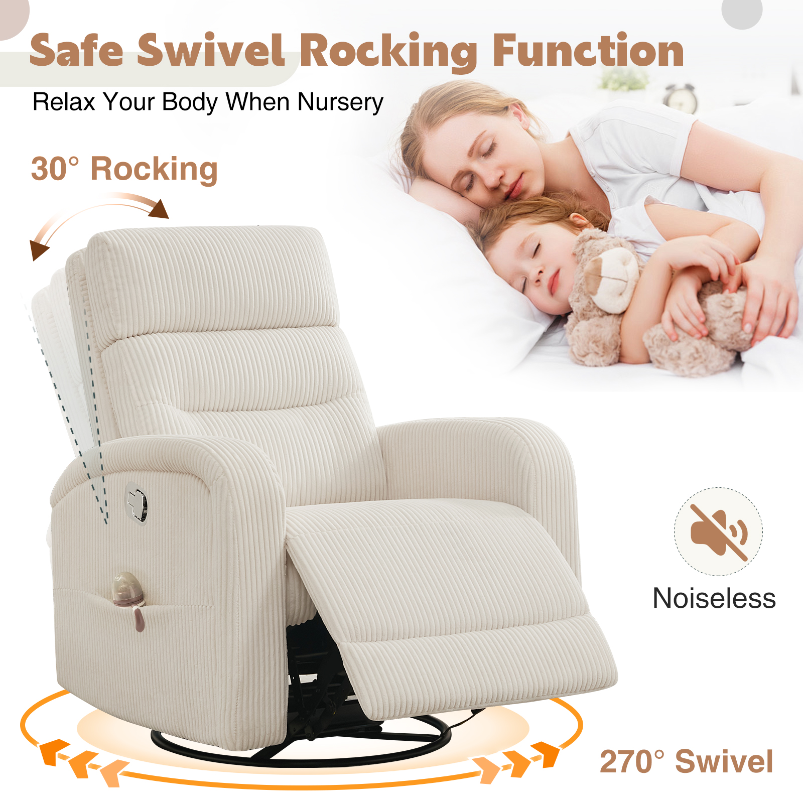 Aemeios Manual Swivel Rocker Recliner Chair, Corduroy Nursery Chair for Living Room, White