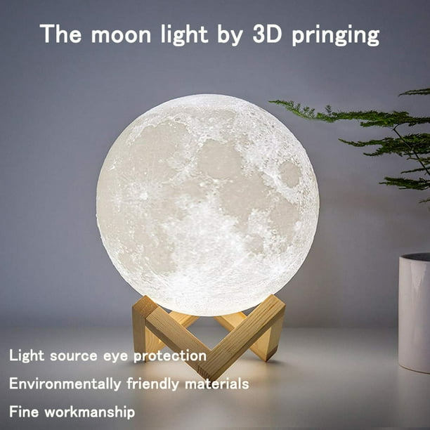 1W 3D Print Moon Lampe USB de charge Touch Control 7-couleur changeant LED  Lumière de nuit économie d'énergie avec support en bois Base, Diamètre: 8cm