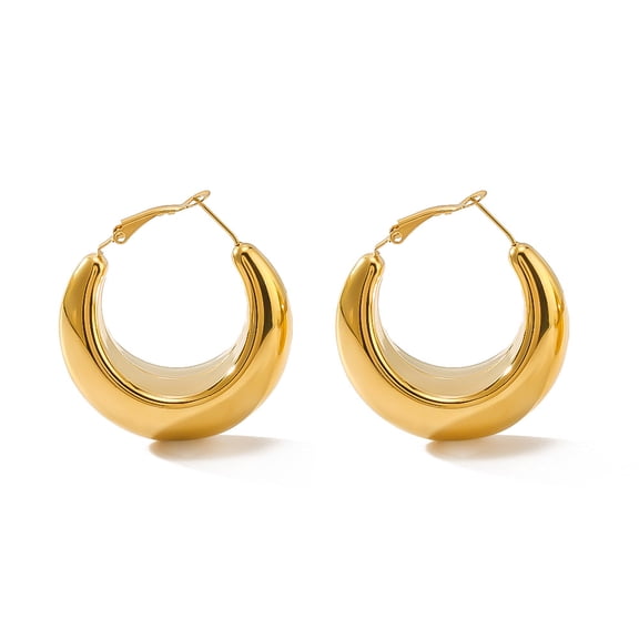 PISONIC 18K Gold Plated Stainless Steel Chunky Hollow C Hoop Earrings for Women, High Polish Thick Open Hoops, Minimalist Hypoallergenic Statement Earrings, Tarnish Resistant Daily Party Jewelry Gift