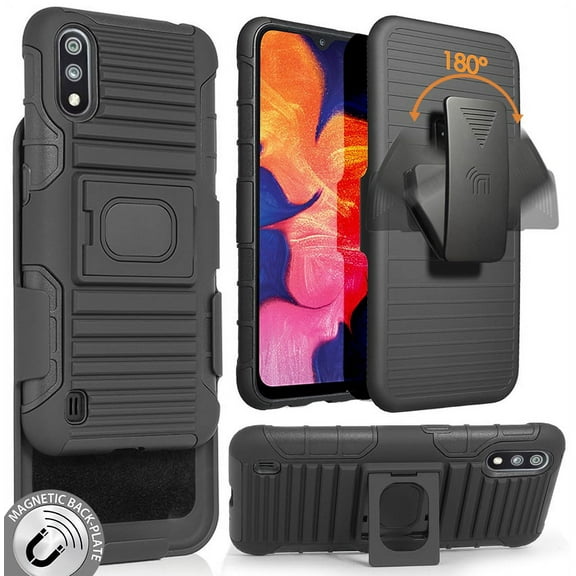 Case with Clip for Galaxy A01, Nakedcellphone Black Rugged Ring Grip Cover   Belt Hip Holster Stand [with Built-In Mounting Plate] for Samsung Galaxy A01 (SM-A015)