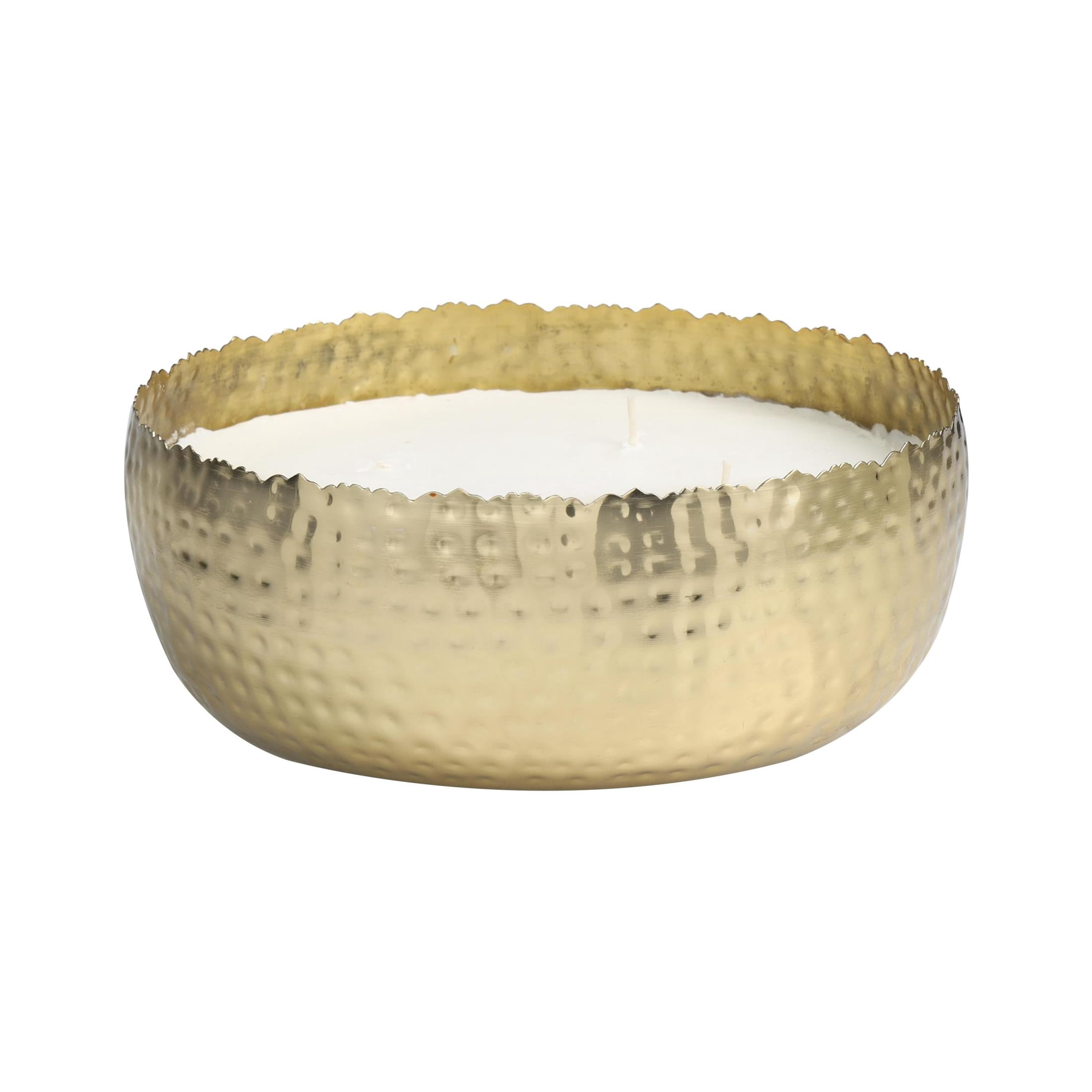 DecMode Gold Metal English Garden Scented Wide Hammered 90 oz 4 Wick Candle with White Wax