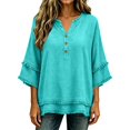 thumbnail image 3 of Linen Tops for Women Button V Neck Partial Button Front Fringe Tops Tassel Cotton Linen Shirts V Neck Short Sleeve Blouses Peasant Blouses Western Frayed Fringe Distressed,Mint Green,M, 3 of 5