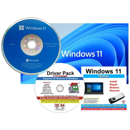 Microsoft Windows 11 Home OEM 64 Bit DVD & Repair, Recover, Restore, Reinstall USB Flash Drive For UEFI Bios & Drivers Pack, 3PK