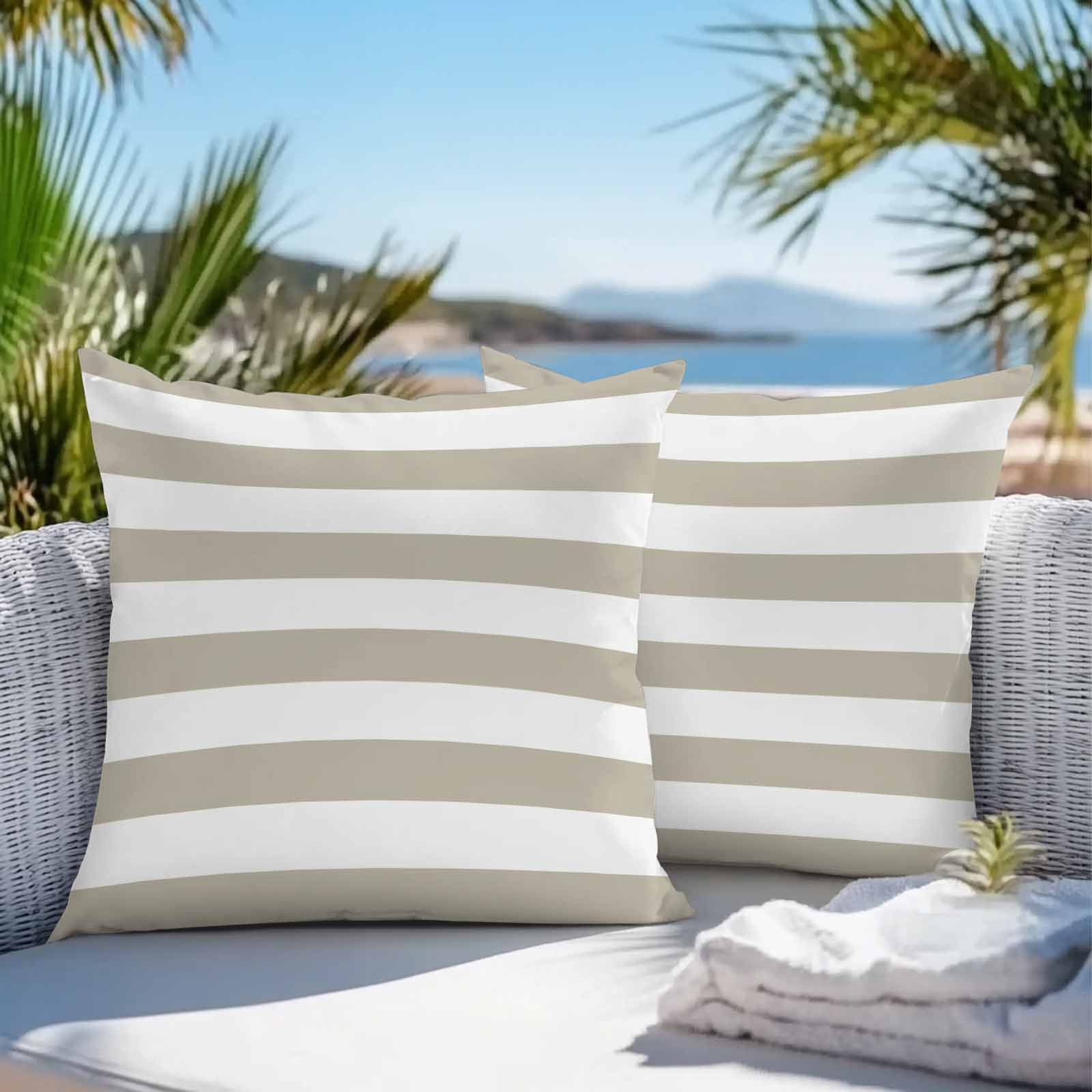 Outdoor Pillow Cover Tan And White Stripe Set of 2 Waterproof Throw Pillowcases Taupe Tan Brown Stripes Decorative Patio Furniture Pillows for Couch Garden Indoor & Outdoor Use