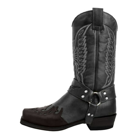 

Men s Square-toe Low-heel Stitching Square-heel Embroidered Mid-boot Boots Grey