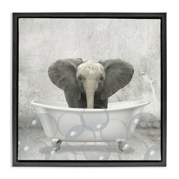 Stupell Industries Baby Elephant Bath Time Animals & Insects Painting Black Floater Framed Canvas Art Print Wall Art, 18 x 18
