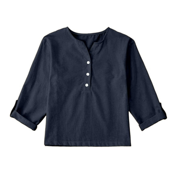 Kndvns Linen Shirts For Girl 3/4 Sleeve V Neck Blouses Buttons Loose Fit T Shirts Solid Color Summer Holiday Tops Daily Navy 9-10 Years