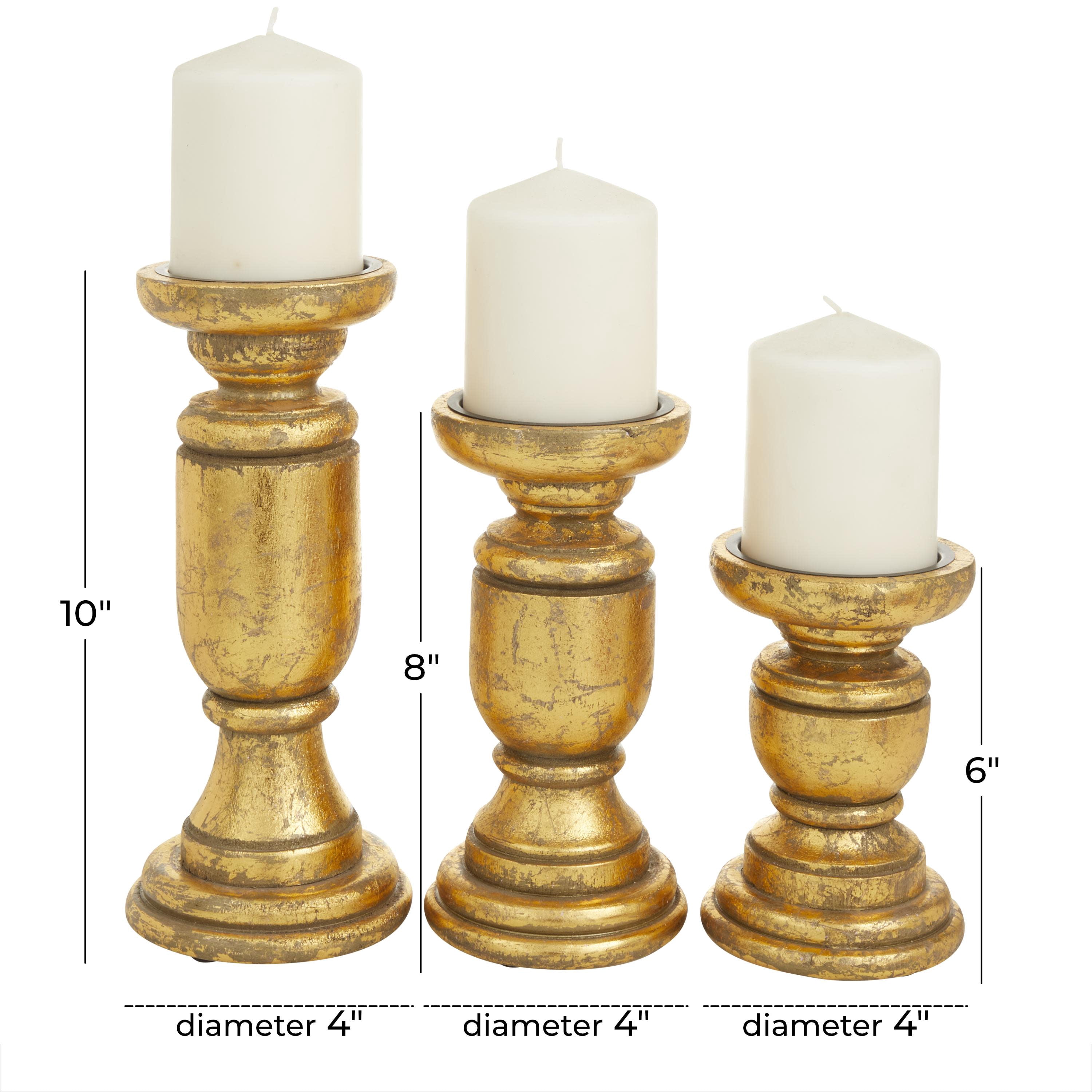 DecMode 3 Candle Gold Mango Wood Turned Style Pillar Candle Holder, Set of 3