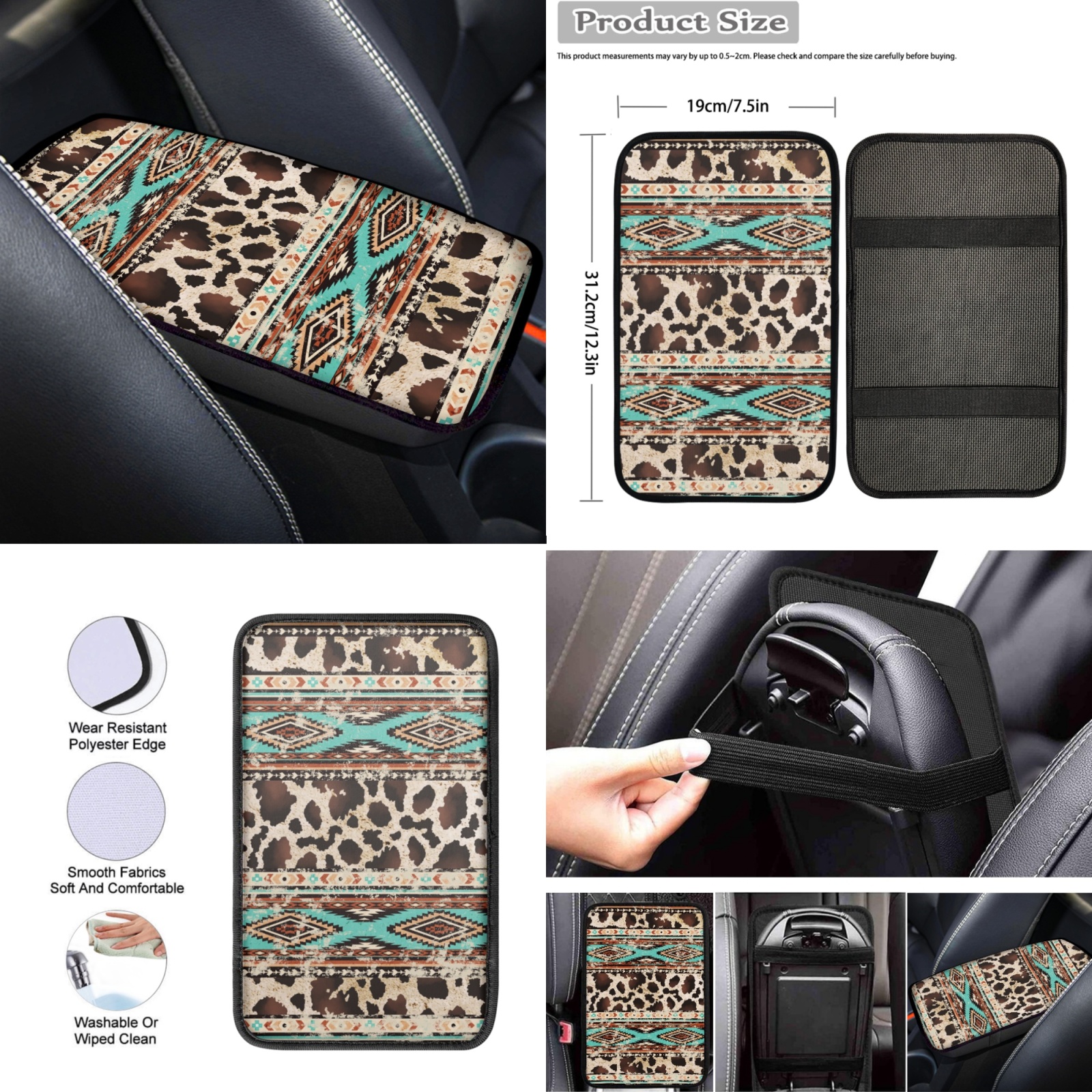 Renewold American Tribal Cow Print Retro Car Accessories Set 12 PCS, with Steering Wheel Cover Seat Belt Pad Armrest Cover Coasters Handbrake Gear Shift Cover Universal Fit for Most Vehicles