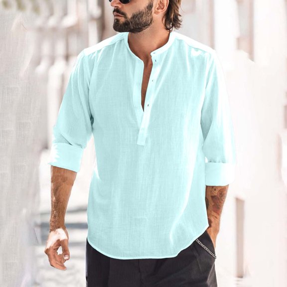 Awdenio Long Sleeve Shirts for Men Linen Henley Shirt CasualT-Shirt Summer Beach Plain Tee Tops