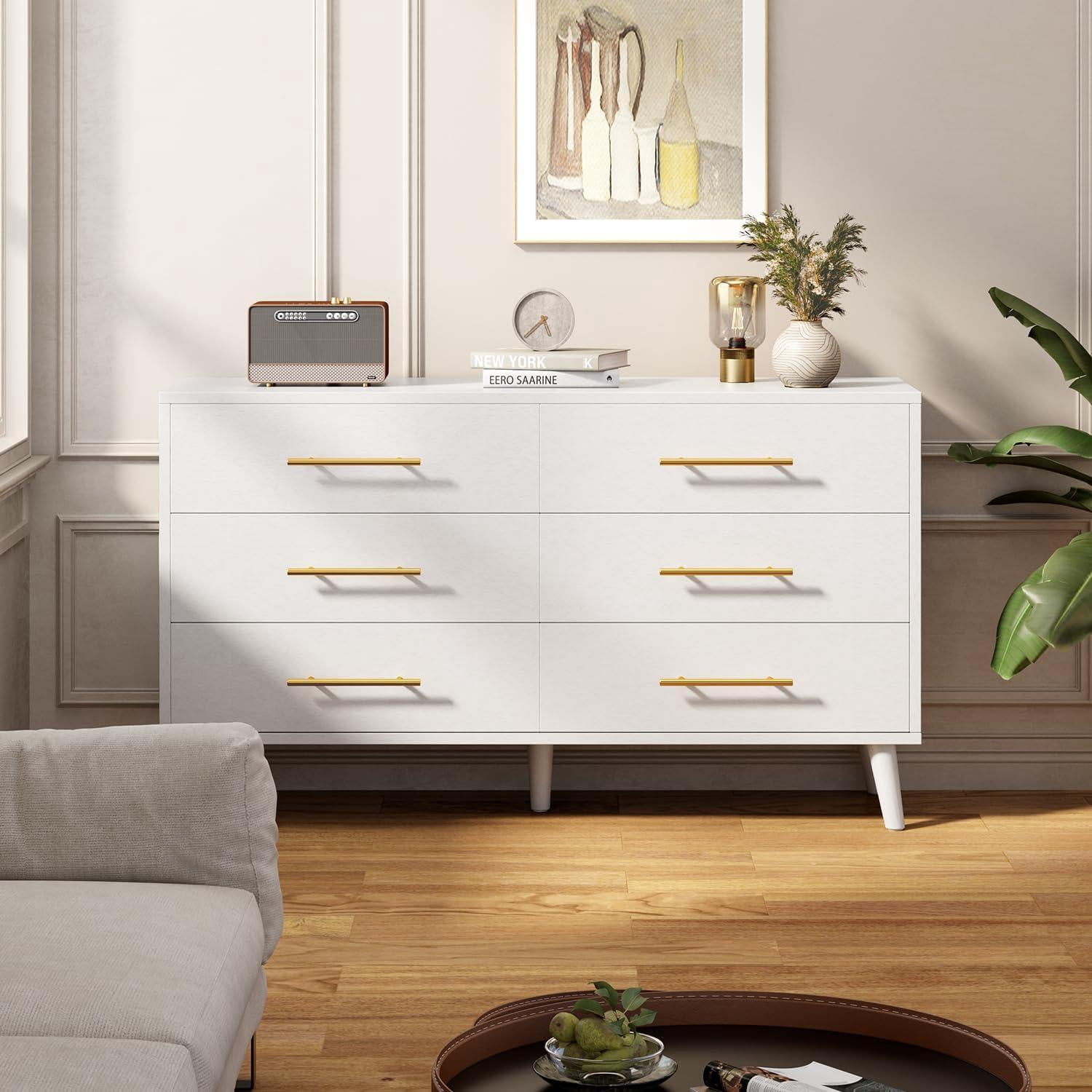 Noelse 6 Drawer Dresser with Metal Handles, Modern White Dresser Storage Cabinet for Bedroom Home