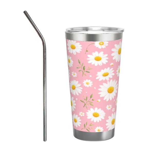 20oz Pink Daisy Floral Watercolor Spring Garden Insulated Tumbler with Handle and Straw Travel Cup Car Cup with Stainless Steel Straw