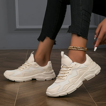 PORK Womens Breathable Mesh Sneakers Comfortable Low Top Lace Up Shoes Womens Fashion Walking Shoes Gift