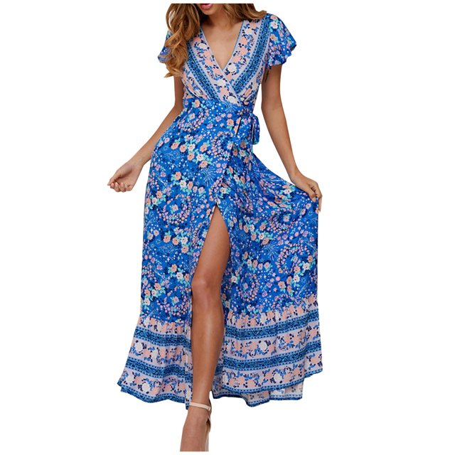 Robes Décontractées pour Femmes Bohème Imprimé Col en V Profond Fente Latérale Longue Robe Maxi Dames Plage Été Robes