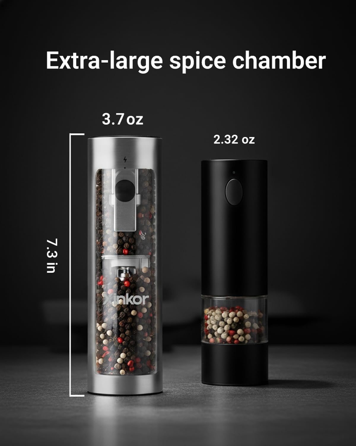 Electric Salt and Pepper Grinder Set with USB-C Charging Base, Stainless Steel Automatic Rechargeable Mill with LED Light & Large Capacity for Kitchen