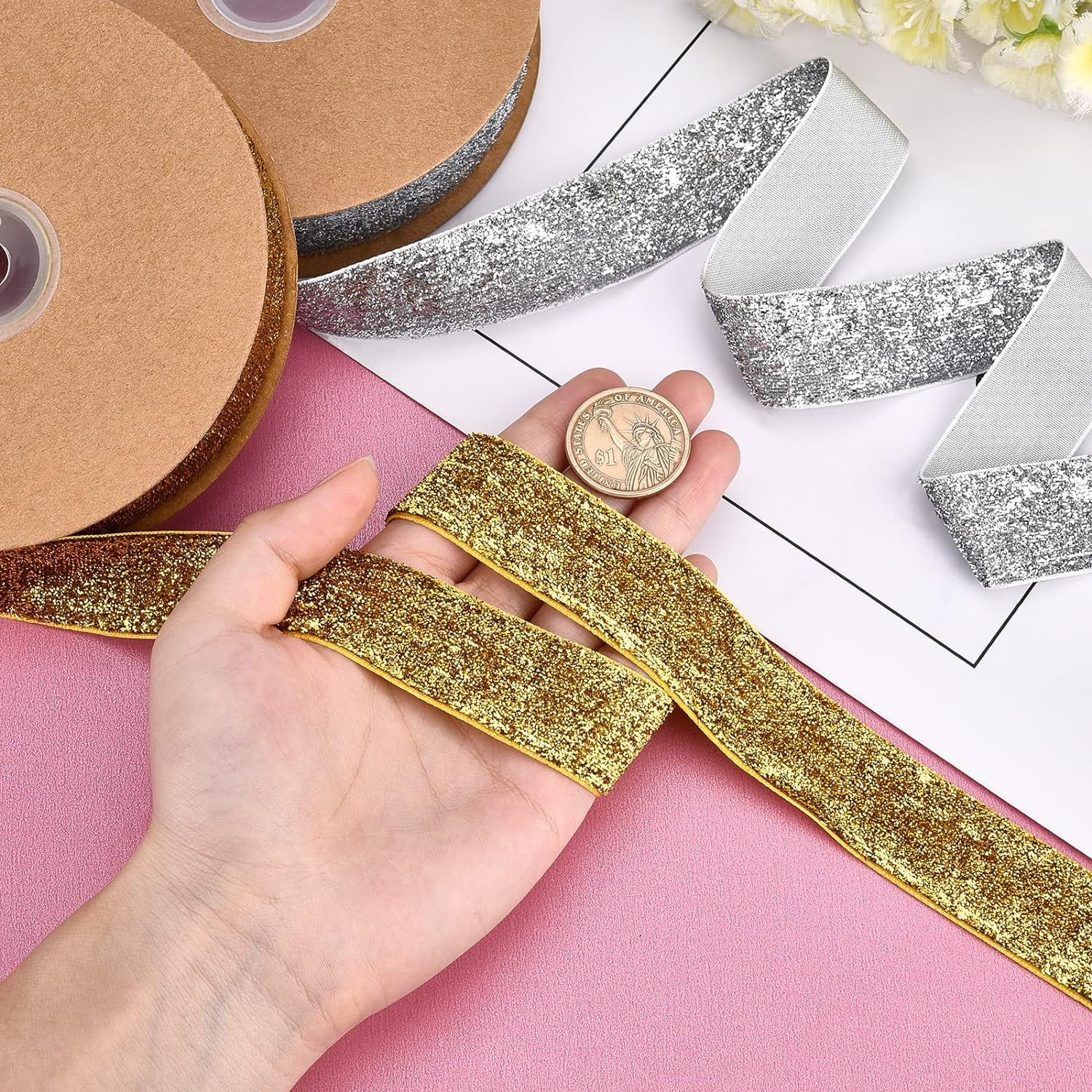 8 Rolls Metallic Glitter Organza Ribbon Assortment - Gold & Silver, 4 Sizes (1/4" To 1"), 25 Yards Each 1 thumbnail image