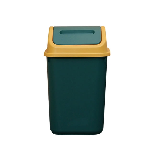 EGNMCR Storage Containers Bathroom Trash Can with Lid, a small green plastic garbage bin featuring a press flip lid design. The compact wastebasket measures 32.5x18.5x18.5cm (12.8x7.3x7.3in) and includes an inner ring for securing garbage bags. Suitable for use in bathrooms, offices, bedrooms, and living rooms. The lid helps lock in odors, and the durable plastic construction resists deformation.