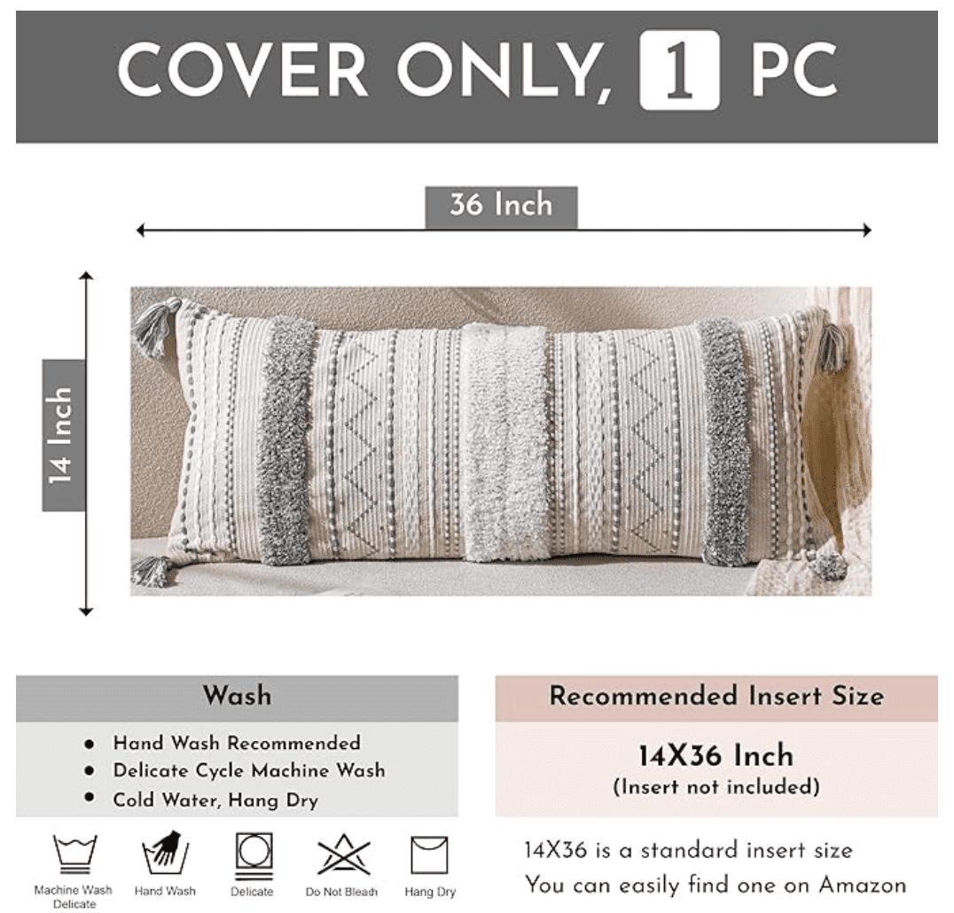 BlissBlush Gray Decorative Lumbar Throw Pillow Cover 14x36 Boho Long Cushion for Bed Neutral White Accent Farmhouse Pillowcase for Bedroom Living Room Couch Sofa Home Décor (Cover ONLY, Pack of 1)