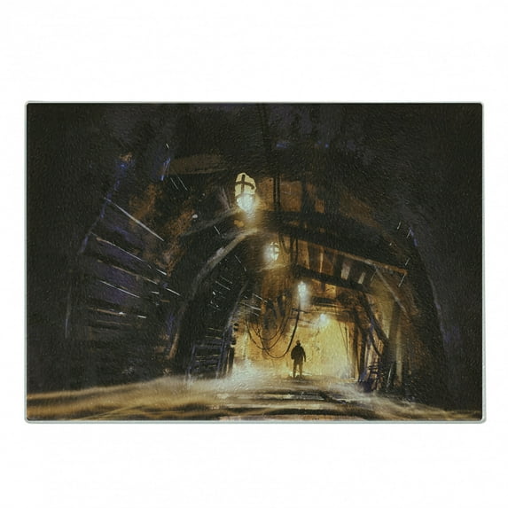 Fantasy Cutting Board, Underground Tunnel of the Mine Shaft Smokey Dark Rocky Abandoned Mysterious, Decorative Tempered Glass Cutting and Serving Board, Small Size, Orange Purple, by Ambesonne