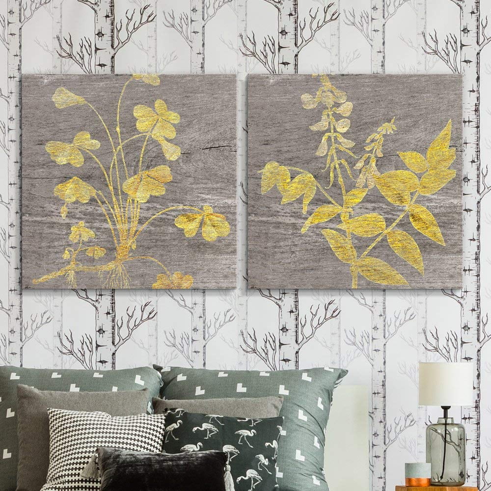 Wall26 2 Panel Square Canvas Wall Art Yellow Folliage Wood Effect