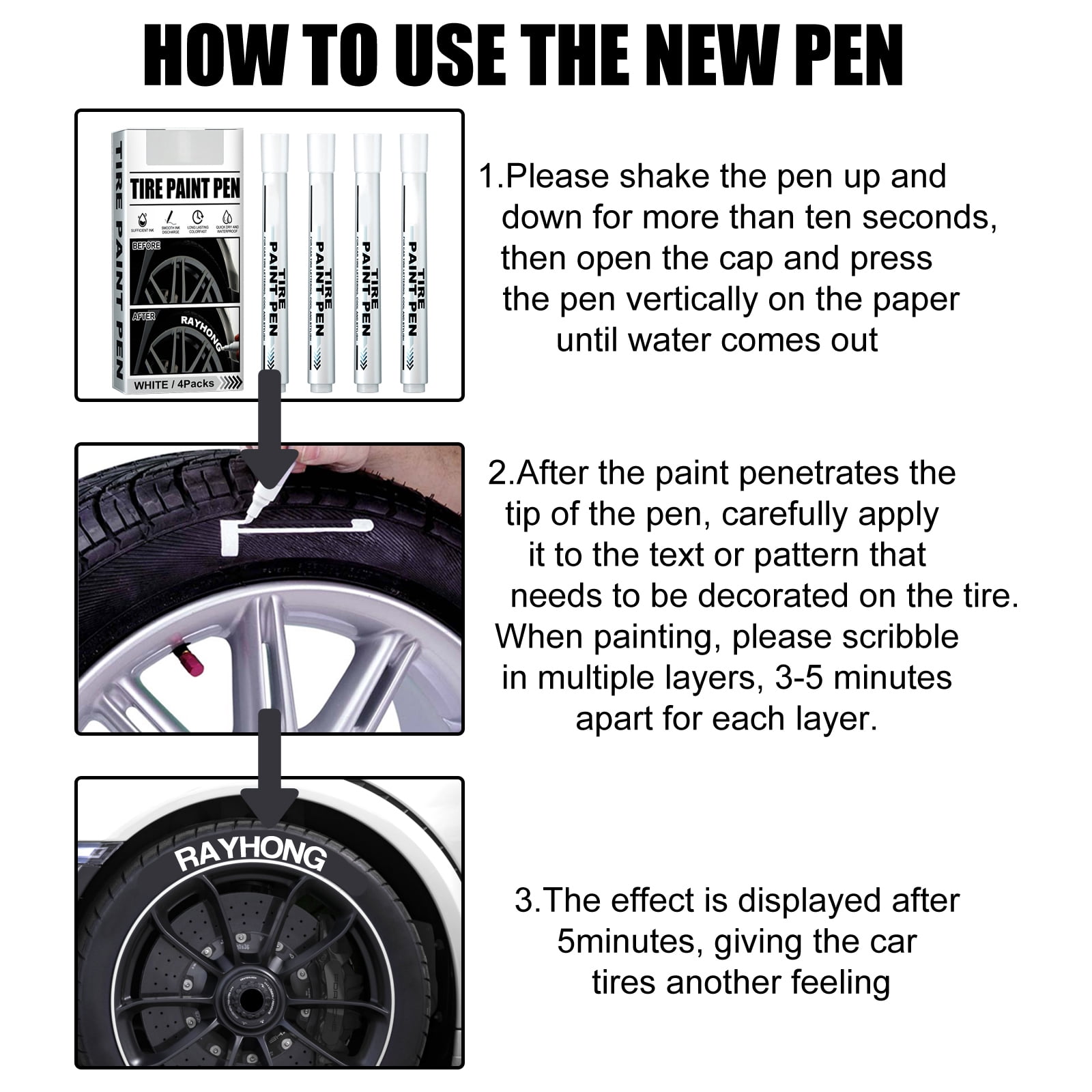 Alvantor White Tire Paint Pen, Car Tire Lettering Marker for Decorative Graffiti & Touch-Up, 4PCS