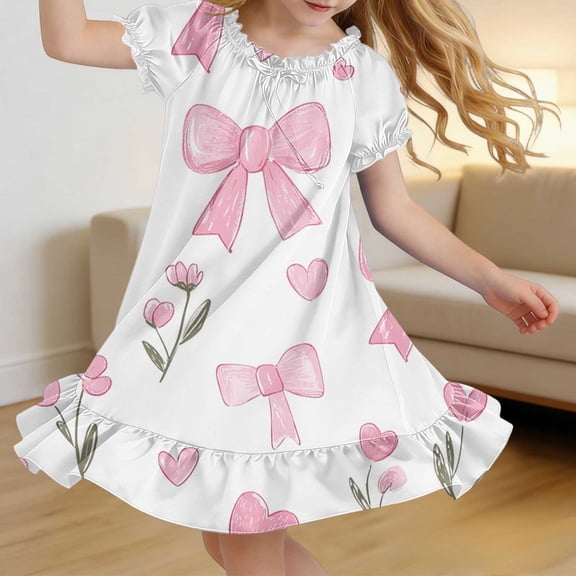 ITSAME Girls Summer Dresses Bow Print Puff Sleeve Ruffle Hem Loose Casual Homewear Dresses Multicolor Size 8-9